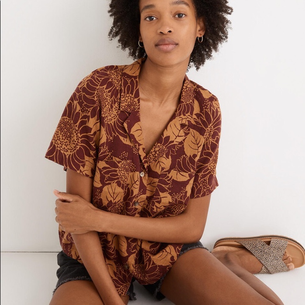 Madewell linen-blend raglan camp shirt in sunflower season